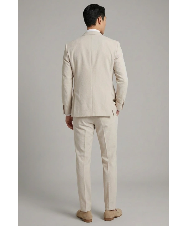 Erkek Dar Kesim Gofre Kumaş Çizgili Takım Elbise -Taş