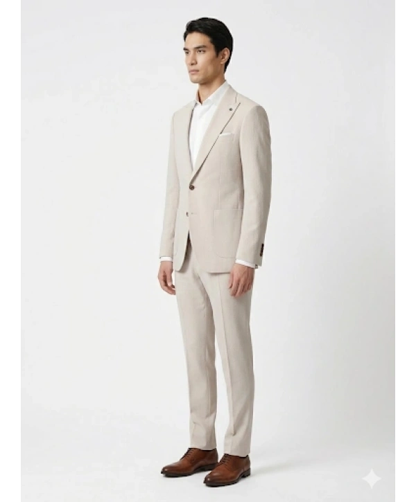 Erkek Dar Kesim Gofre Kumaş Çizgili Takım Elbise -Taş