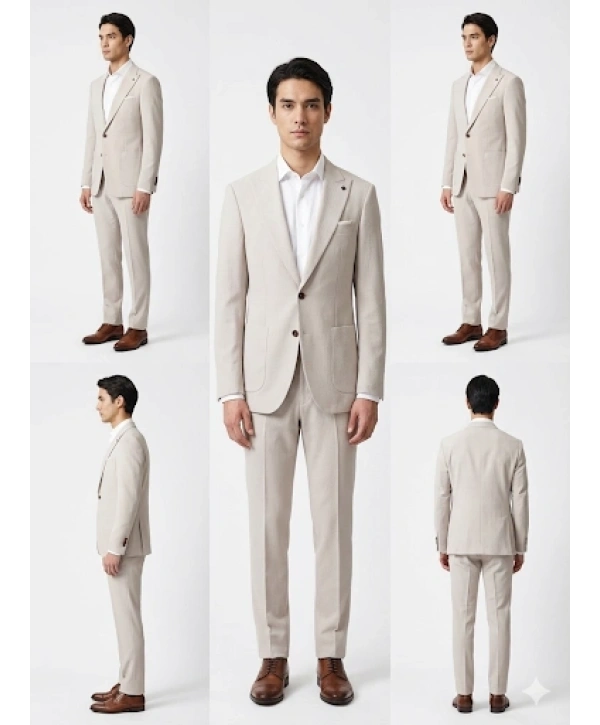 Erkek Dar Kesim Gofre Kumaş Çizgili Takım Elbise -Taş