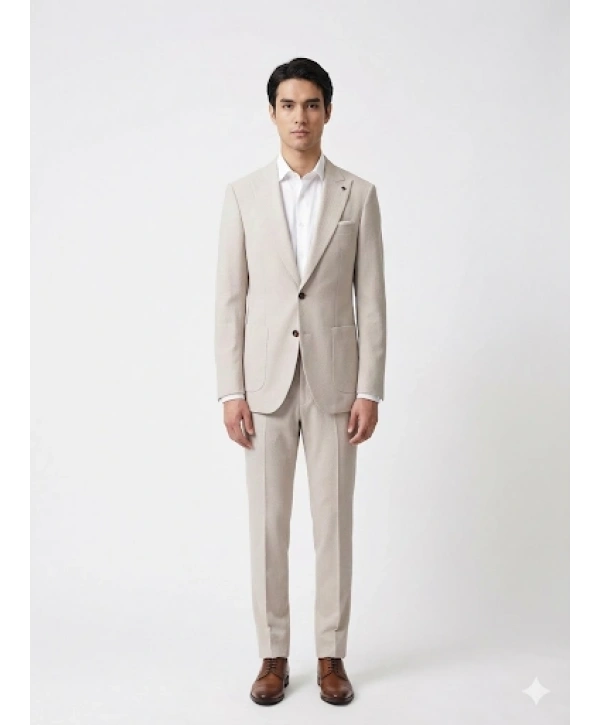 Erkek Dar Kesim Gofre Kumaş Çizgili Takım Elbise -Taş