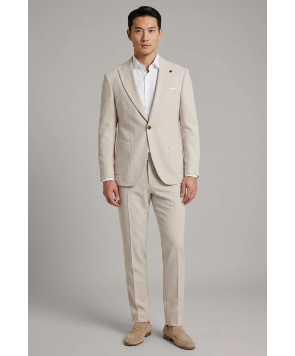 Erkek Dar Kesim Gofre Kumaş Çizgili Takım Elbise -Taş