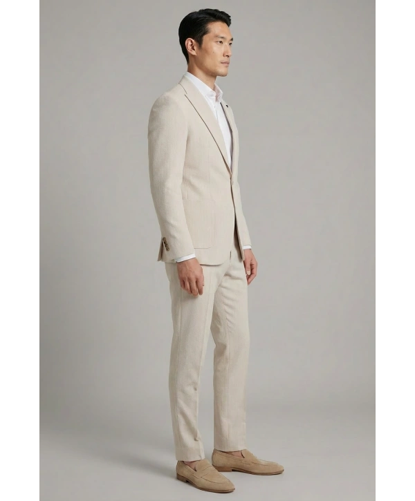 Erkek Dar Kesim Gofre Kumaş Çizgili Takım Elbise -Taş