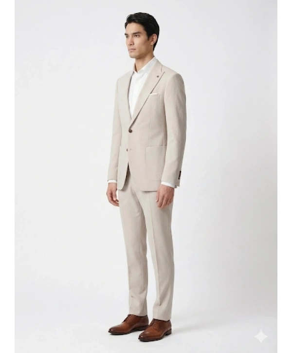 Erkek Dar Kesim Gofre Kumaş Çizgili Takım Elbise -Taş