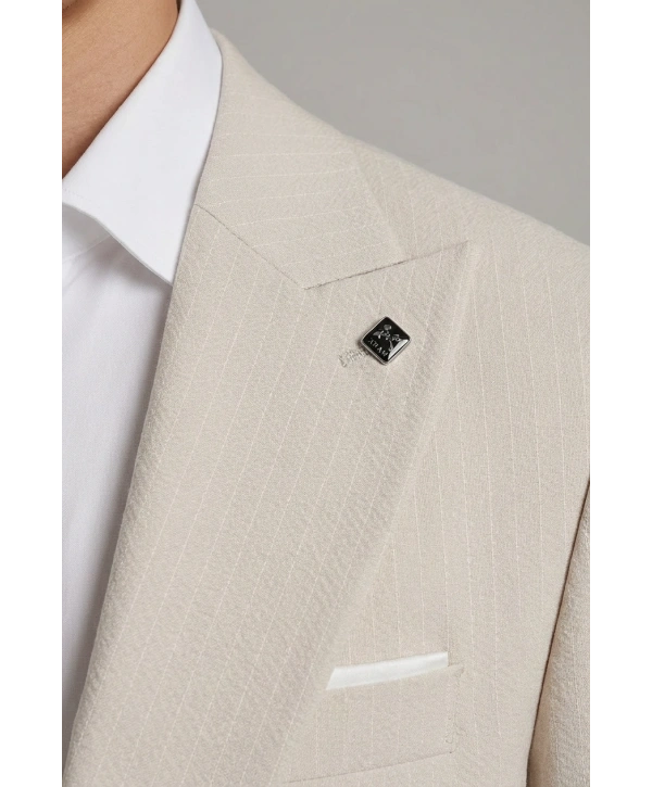 Erkek Dar Kesim Gofre Kumaş Çizgili Takım Elbise -Taş