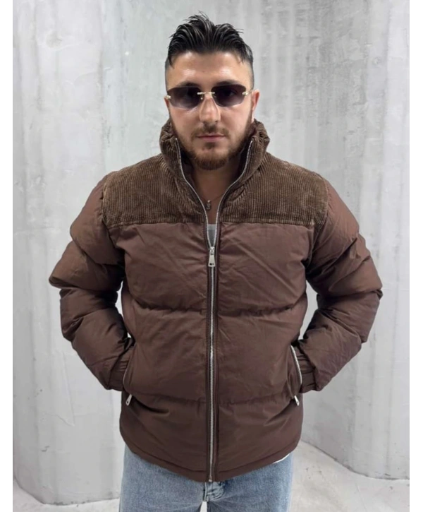 Erkek Dar Kesim Hakim Yaka Fermuarlı Şişme Mont-Kahverengi
