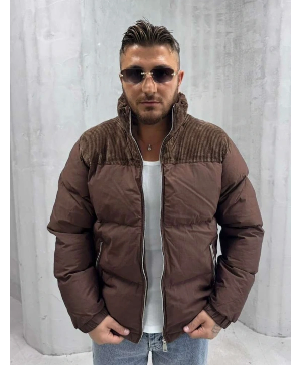 Erkek Dar Kesim Hakim Yaka Fermuarlı Şişme Mont-Kahverengi