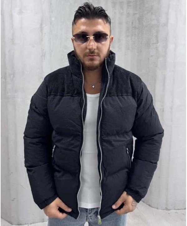 Erkek Dar Kesim Hakim Yaka Fermuarlı Şişme Mont-Siyah