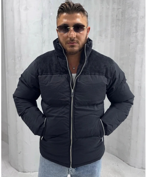 Erkek Dar Kesim Hakim Yaka Fermuarlı Şişme Mont-Siyah