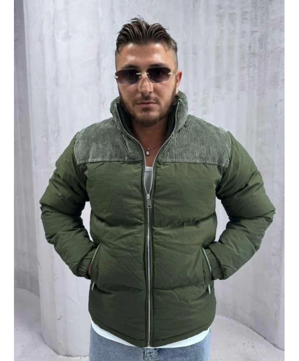 Erkek Dar Kesim Hakim Yaka Fermuarlı Şişme Mont-Yeşil