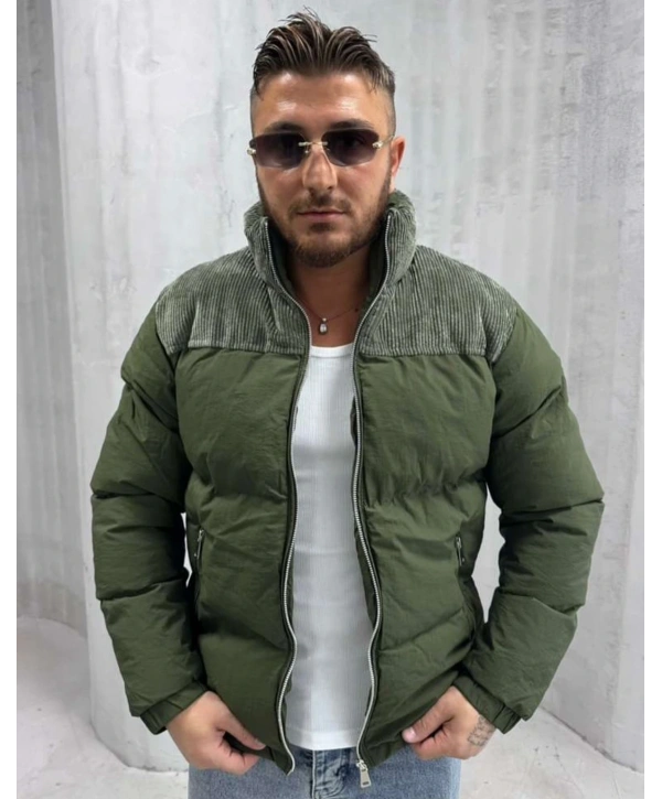 Erkek Dar Kesim Hakim Yaka Fermuarlı Şişme Mont-Yeşil
