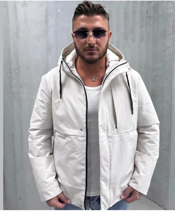 Erkek Dar Kesim Kapüşonlu İçi Kapitoneli Mont-Krem