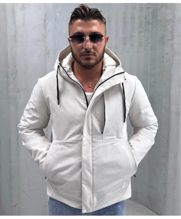 Erkek Dar Kesim Kapüşonlu İçi Kapitoneli Mont-Krem