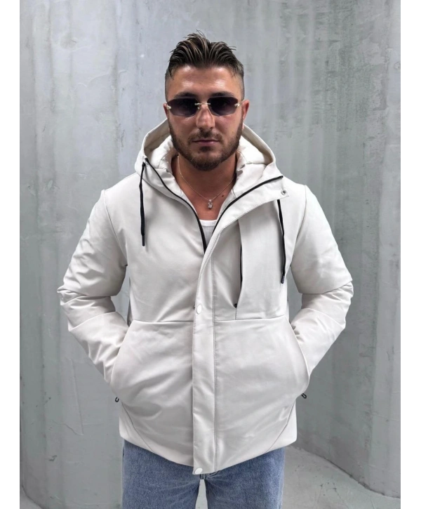 Erkek Dar Kesim Kapüşonlu İçi Kapitoneli Mont-Krem