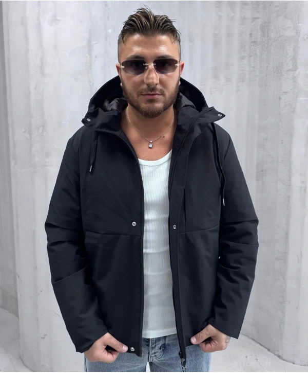 Erkek Dar Kesim Kapüşonlu İçi Kapitoneli Mont-Siyah
