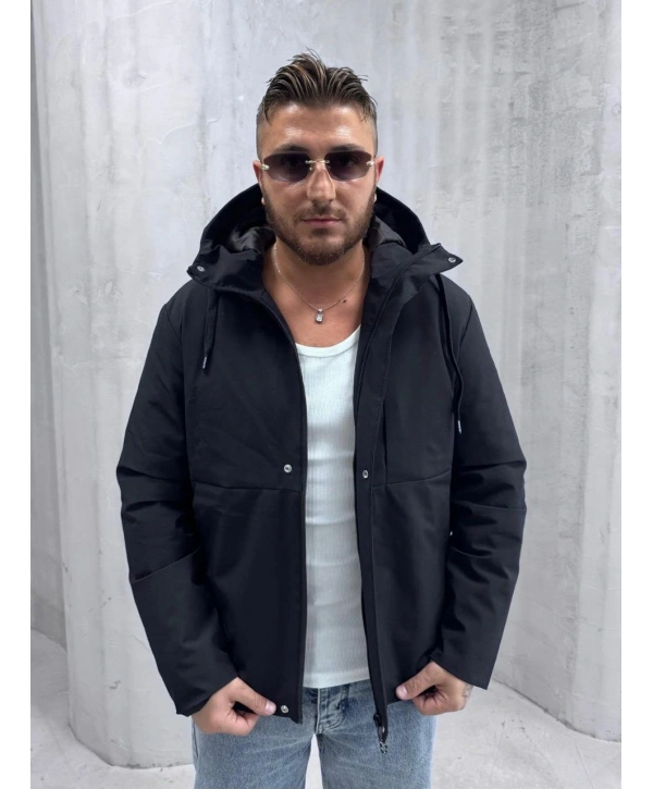 Erkek Dar Kesim Kapüşonlu İçi Kapitoneli Mont-Siyah
