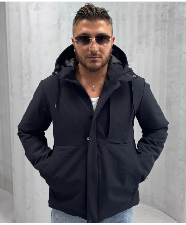Erkek Dar Kesim Kapüşonlu İçi Kapitoneli Mont-Siyah