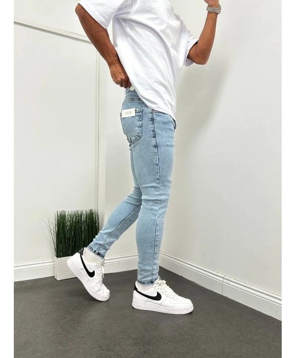 Erkek Dar Kesim Kar Yıkamalı Silim fit Likralı Kot Pantolon-A Mavi