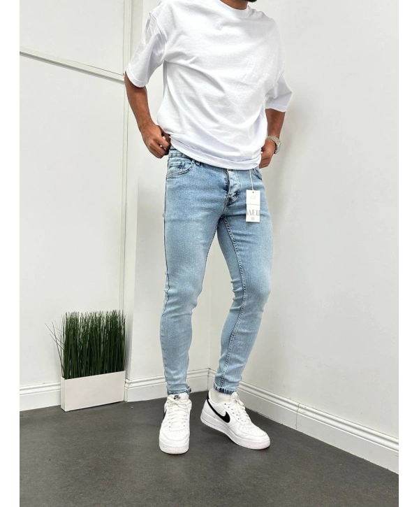 Erkek Dar Kesim Kar Yıkamalı Silim fit Likralı Kot Pantolon-A Mavi