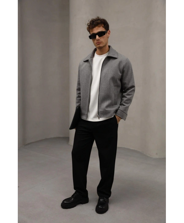 Erkek Dar Kesim Kaşe Mont -Gri