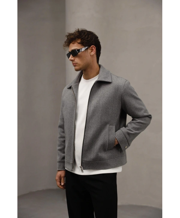 Erkek Dar Kesim Kaşe Mont -Gri