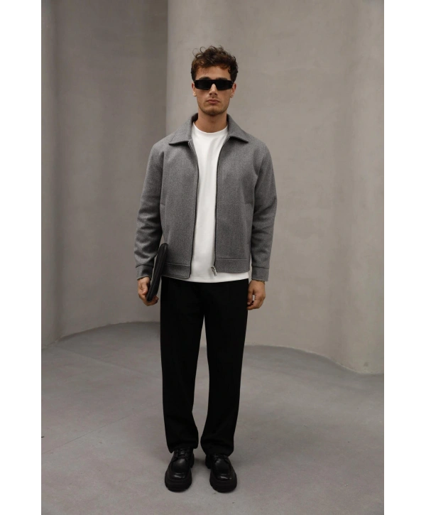 Erkek Dar Kesim Kaşe Mont -Gri