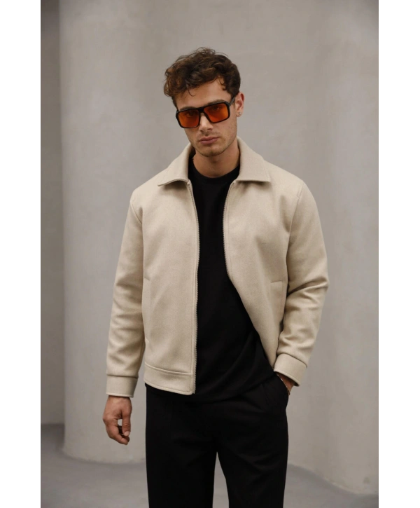 Erkek Dar Kesim Kaşe Mont -Krem