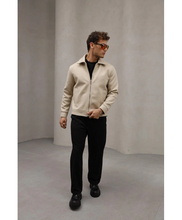 Erkek Dar Kesim Kaşe Mont -Krem