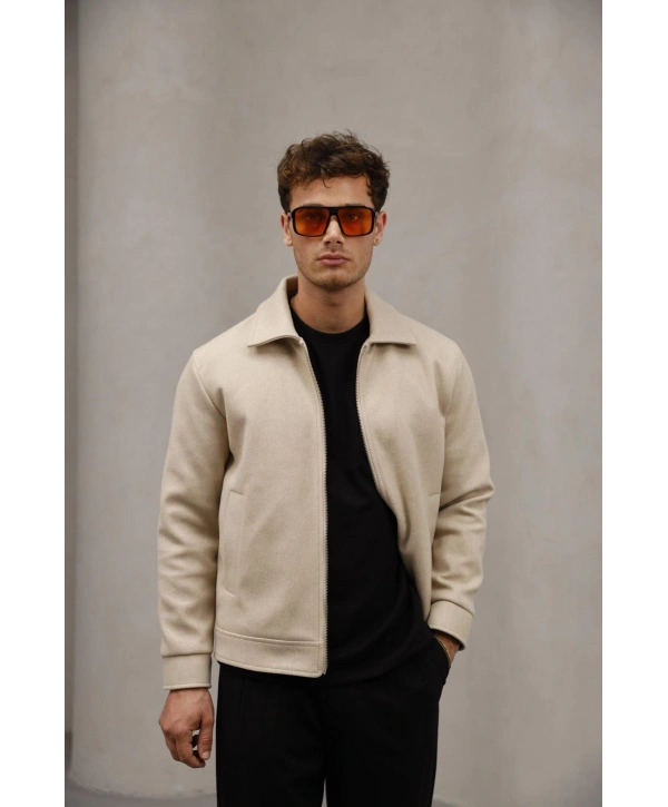 Erkek Dar Kesim Kaşe Mont -Krem