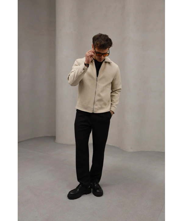Erkek Dar Kesim Kaşe Mont -Krem