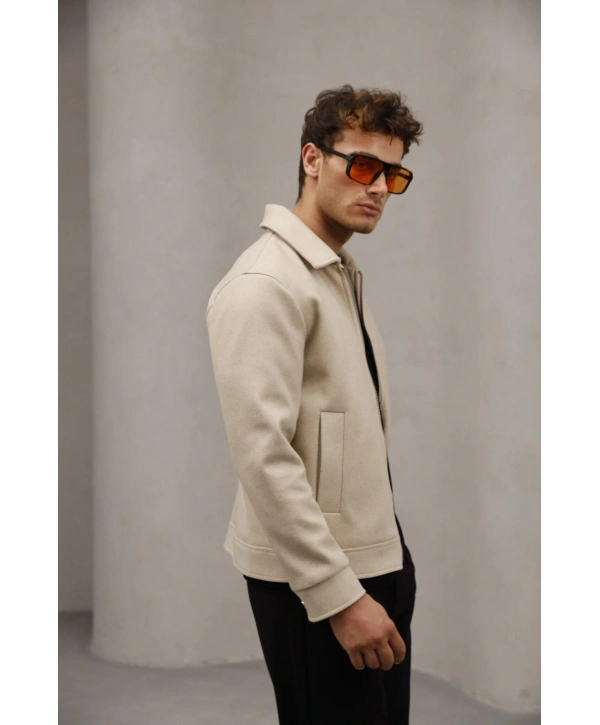 Erkek Dar Kesim Kaşe Mont -Krem