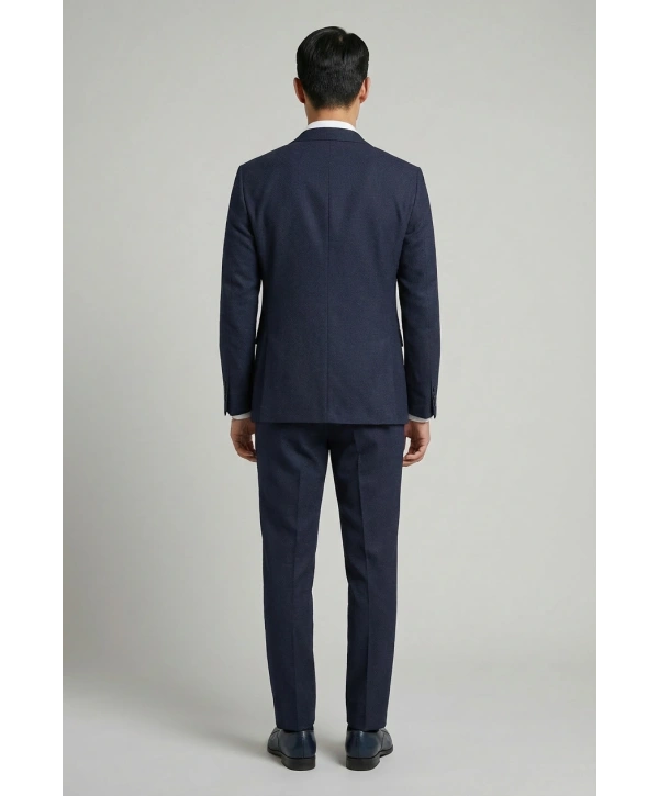 Erkek Dar Kesim Kendinden Desenli Yelekli Takım Elbise -Lacivert