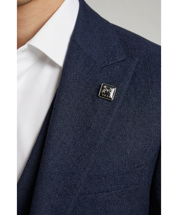 Erkek Dar Kesim Kendinden Desenli Yelekli Takım Elbise -Lacivert