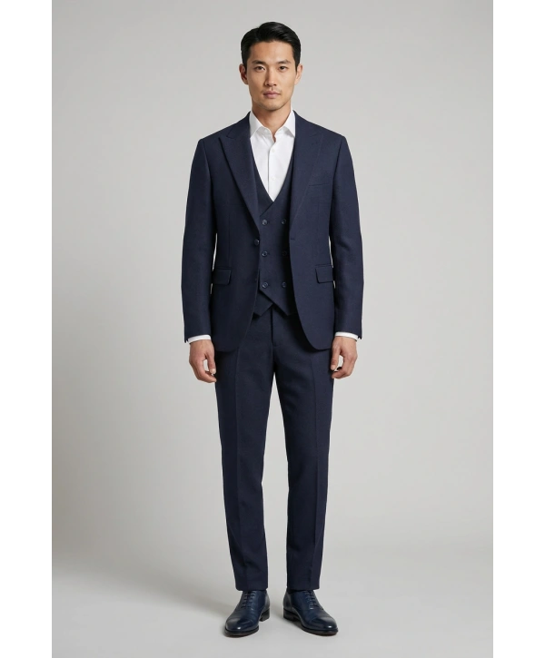 Erkek Dar Kesim Kendinden Desenli Yelekli Takım Elbise -Lacivert
