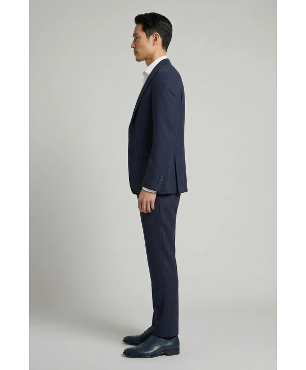 Erkek Dar Kesim Kendinden Desenli Yelekli Takım Elbise -Lacivert