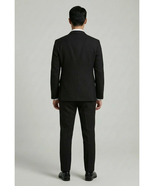 Erkek Dar Kesim Kendinden Desenli Yelekli Takım Elbise -Siyah