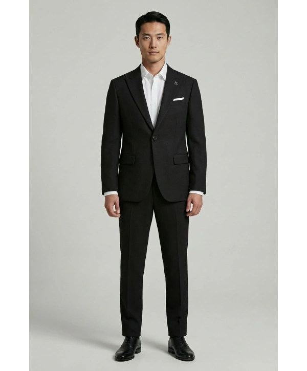 Erkek Dar Kesim Kendinden Desenli Yelekli Takım Elbise -Siyah