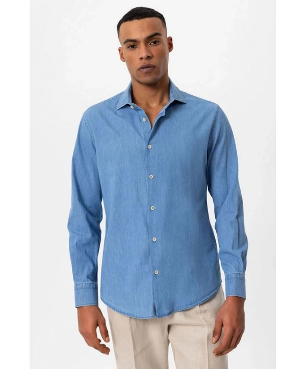 Erkek Dar Kesim Kot Gömlek - Açık Mavi