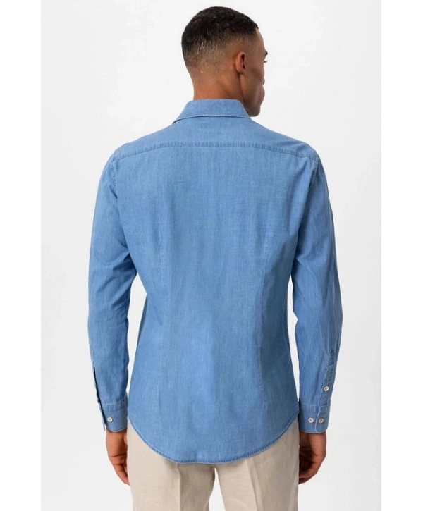 Erkek Dar Kesim Kot Gömlek - Açık Mavi