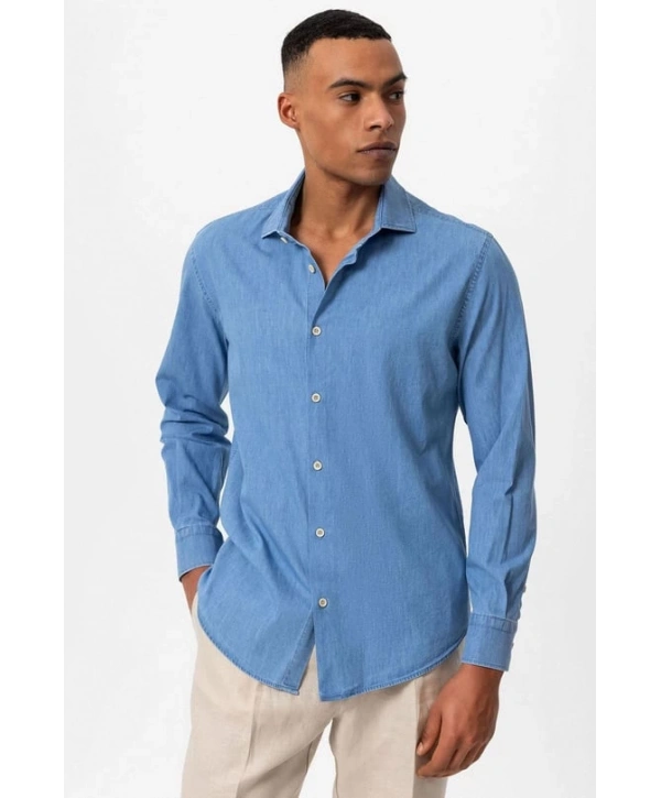 Erkek Dar Kesim Kot Gömlek - Açık Mavi