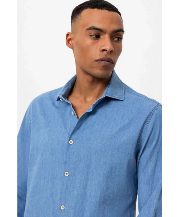 Erkek Dar Kesim Kot Gömlek - Açık Mavi