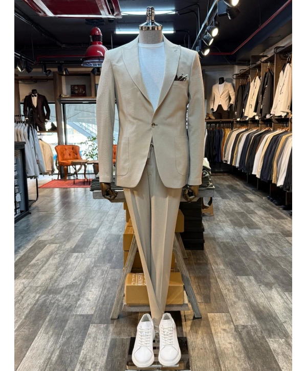 Erkek Dar Kesim Krınkıl Kumaş Spor Takım Elbise - Krem