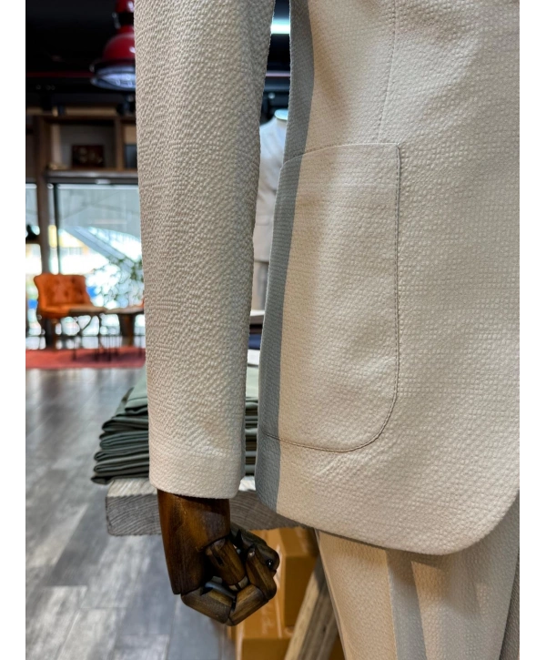 Erkek Dar Kesim Krınkıl Kumaş Spor Takım Elbise - Krem