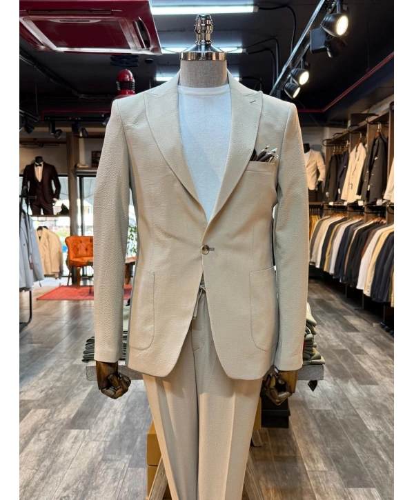 Erkek Dar Kesim Krınkıl Kumaş Spor Takım Elbise - Krem