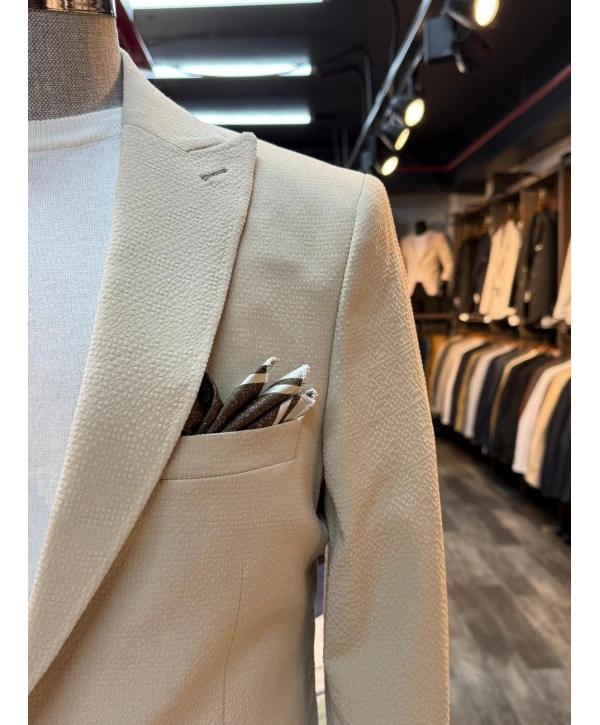 Erkek Dar Kesim Krınkıl Kumaş Spor Takım Elbise - Krem