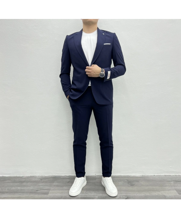 Erkek Dar Kesim Krınkıl Kumaş Spor Takım Elbise - Lacivert
