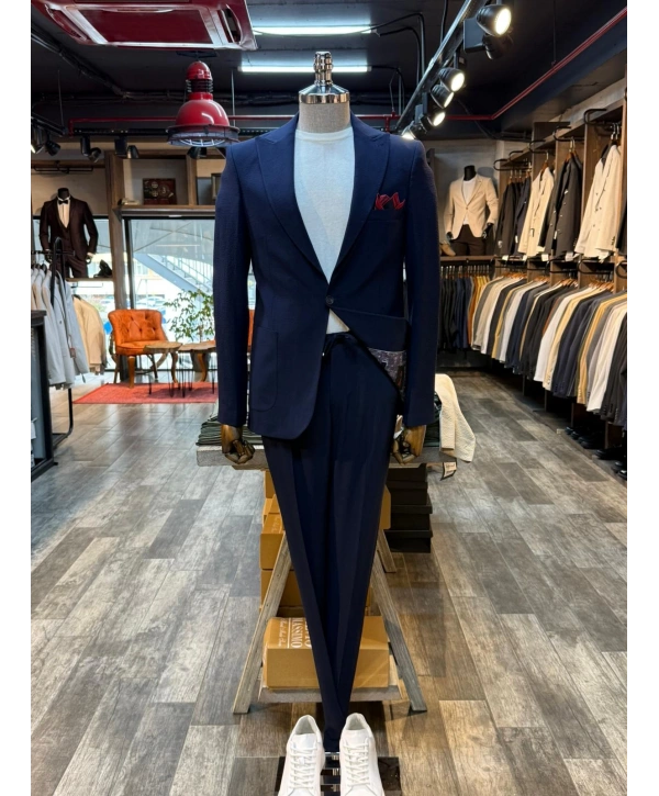 Erkek Dar Kesim Krınkıl Kumaş Spor Takım Elbise -Lacivert