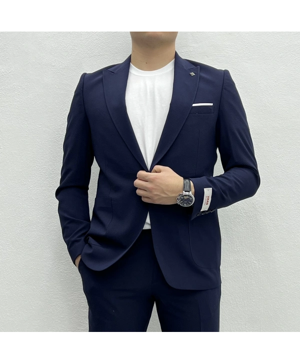 Erkek Dar Kesim Krınkıl Kumaş Spor Takım Elbise - Lacivert