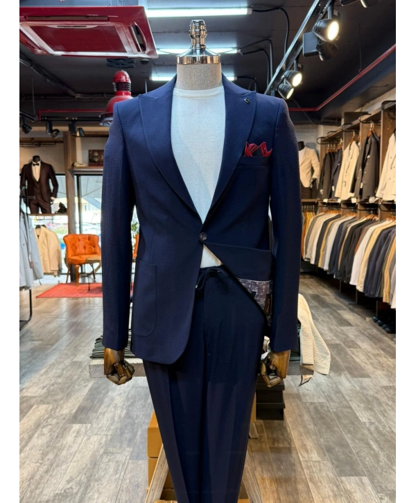 Erkek Dar Kesim Krınkıl Kumaş Spor Takım Elbise -Lacivert