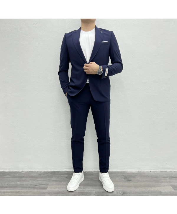 Erkek Dar Kesim Krınkıl Kumaş Spor Takım Elbise - Lacivert