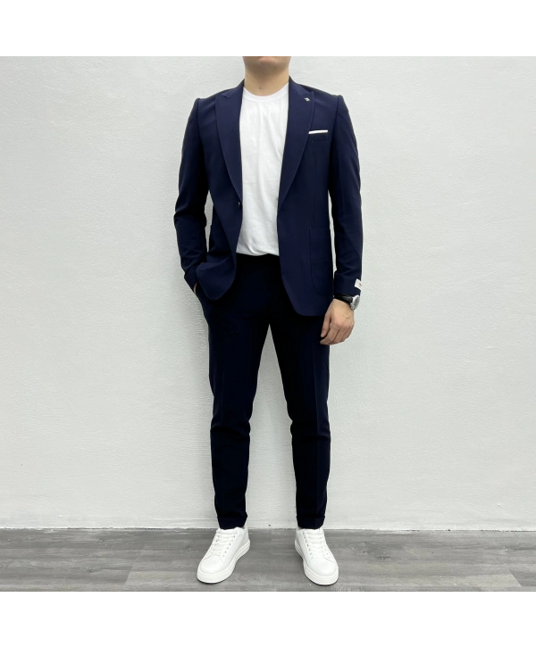 Erkek Dar Kesim Krınkıl Kumaş Spor Takım Elbise - Lacivert